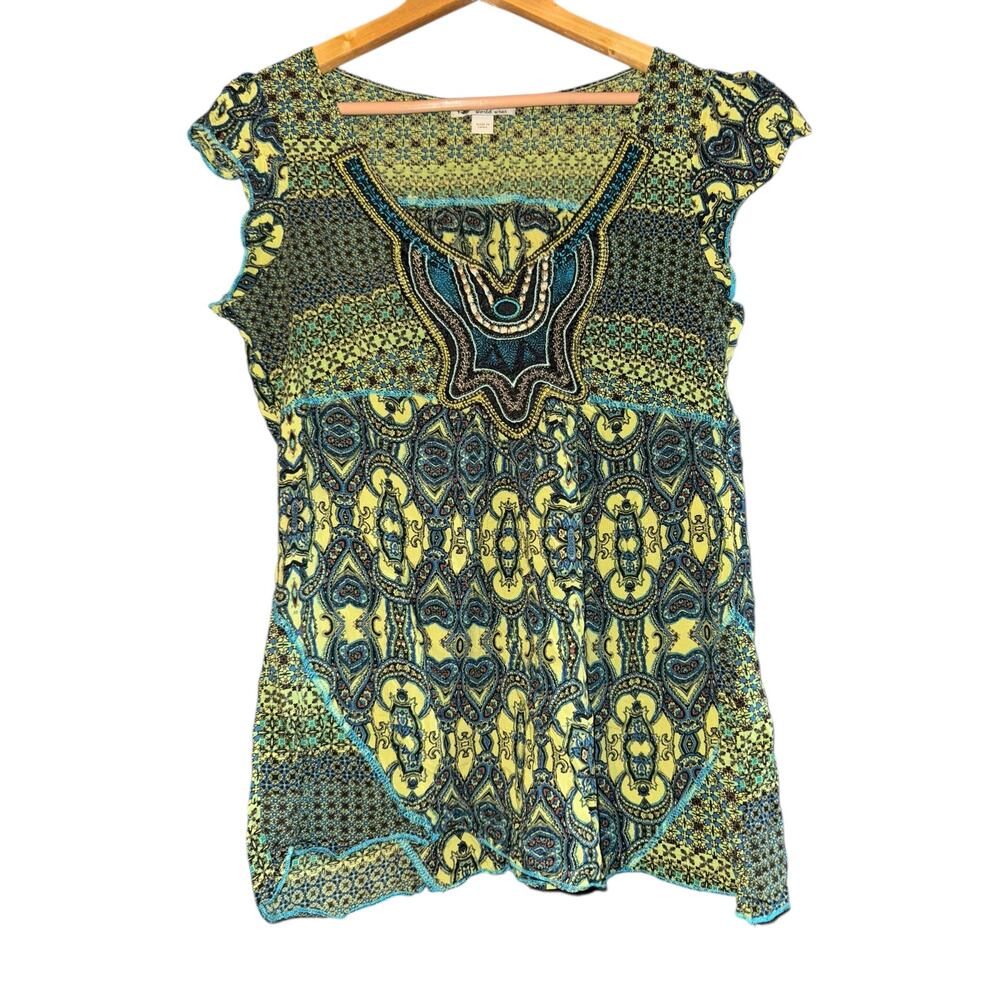 Unity World Wear Green Embroidered Boho Top Size Large Artsy Boho Hippie Goblin‎